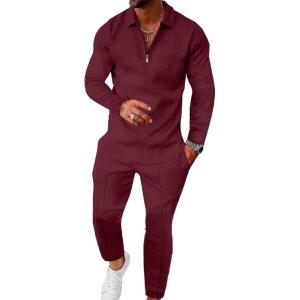 image:imageUOUA Mens 2 Piece Set Casual Outfits Polo Long Sleeve Shirt amp Pants Tracksuit Loungewear Athletic Jogger SweatsuitWine