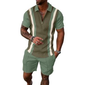 image:imageUOUA Mens Summer Track Suits 2 Piece Shorts Sets Short Sleeve Sweatsuit Outfits 14 Zip Golf Polo Splicing Striped ShirtsArmy Green Stripe Ltgreen