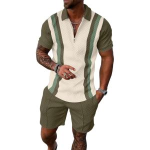 image:imageUOUA Mens Summer Track Suits 2 Piece Shorts Sets Short Sleeve Sweatsuit Outfits 14 Zip Golf Polo Splicing Striped ShirtsBeige Stripe Army Green