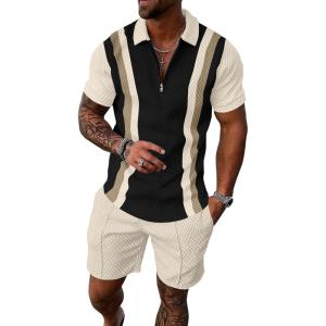 image:imageUOUA Mens Summer Track Suits 2 Piece Shorts Sets Short Sleeve Sweatsuit Outfits 14 Zip Golf Polo Splicing Striped ShirtsBlack Stripe Beige