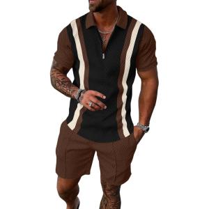 image:imageUOUA Mens Summer Track Suits 2 Piece Shorts Sets Short Sleeve Sweatsuit Outfits 14 Zip Golf Polo Splicing Striped ShirtsBlack Stripe Brown