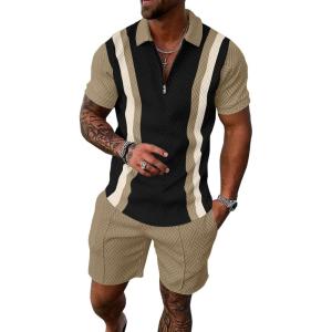 image:imageUOUA Mens Summer Track Suits 2 Piece Shorts Sets Short Sleeve Sweatsuit Outfits 14 Zip Golf Polo Splicing Striped ShirtsBlack Stripe Khaki
