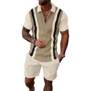 image:imageUOUA Mens Summer Track Suits 2 Piece Shorts Sets Short Sleeve Sweatsuit Outfits 14 Zip Golf Polo Splicing Striped ShirtsKhaki Stripe Beige