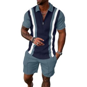 image:imageUOUA Mens Summer Track Suits 2 Piece Shorts Sets Short Sleeve Sweatsuit Outfits 14 Zip Golf Polo Splicing Striped ShirtsNavy Stripe Denim Blue