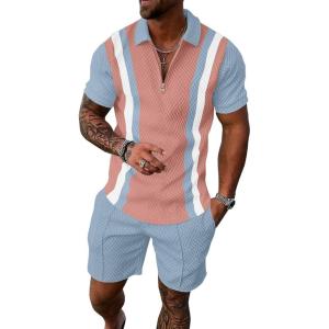 image:imageUOUA Mens Summer Track Suits 2 Piece Shorts Sets Short Sleeve Sweatsuit Outfits 14 Zip Golf Polo Splicing Striped ShirtsPink Stripe Ltblue