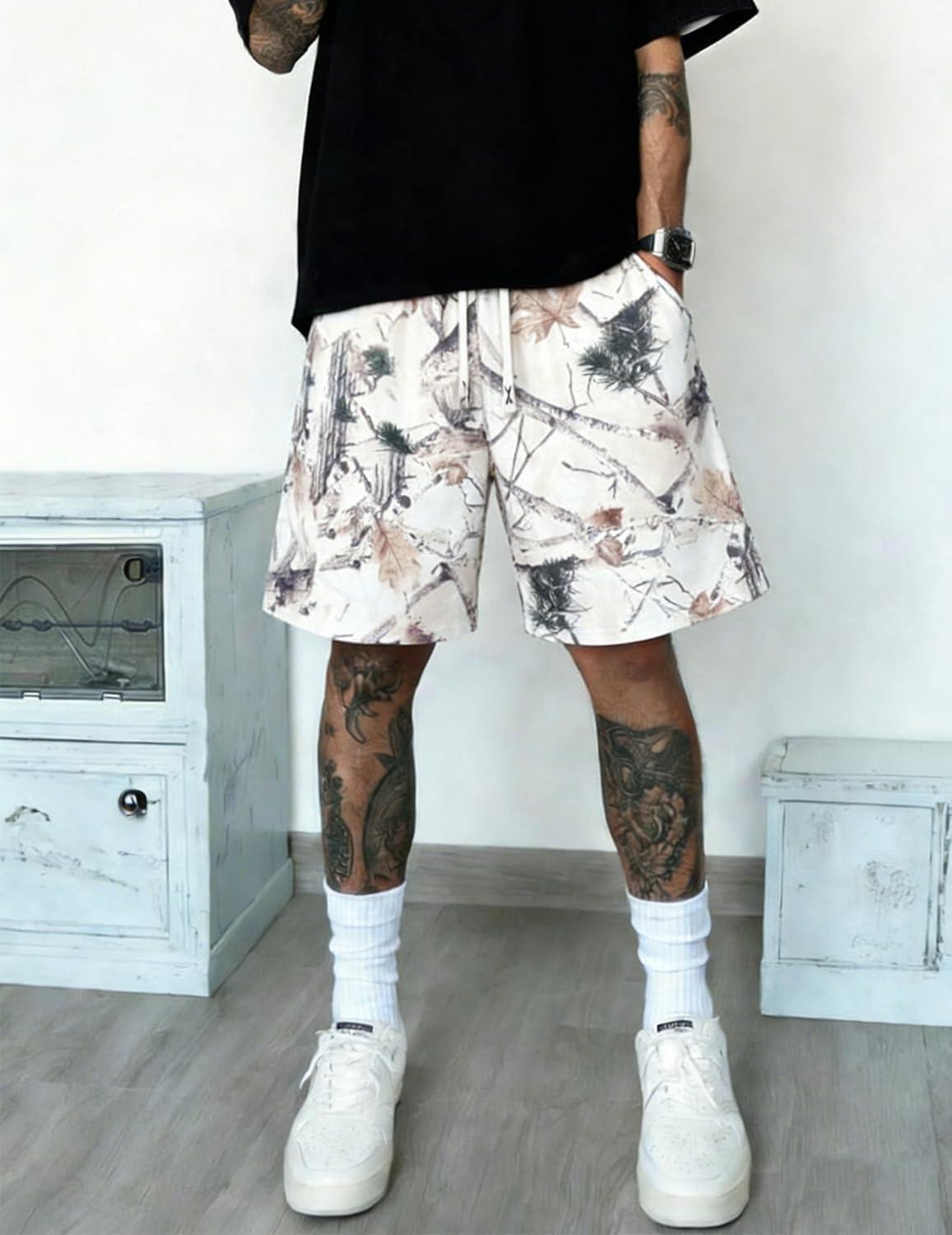 image:imageUOUA Mens Mesh Camo Graphic Shorts Vintage Designer Workout Shorts Casual Cool Streetwear Waist PantsApricotleaves
