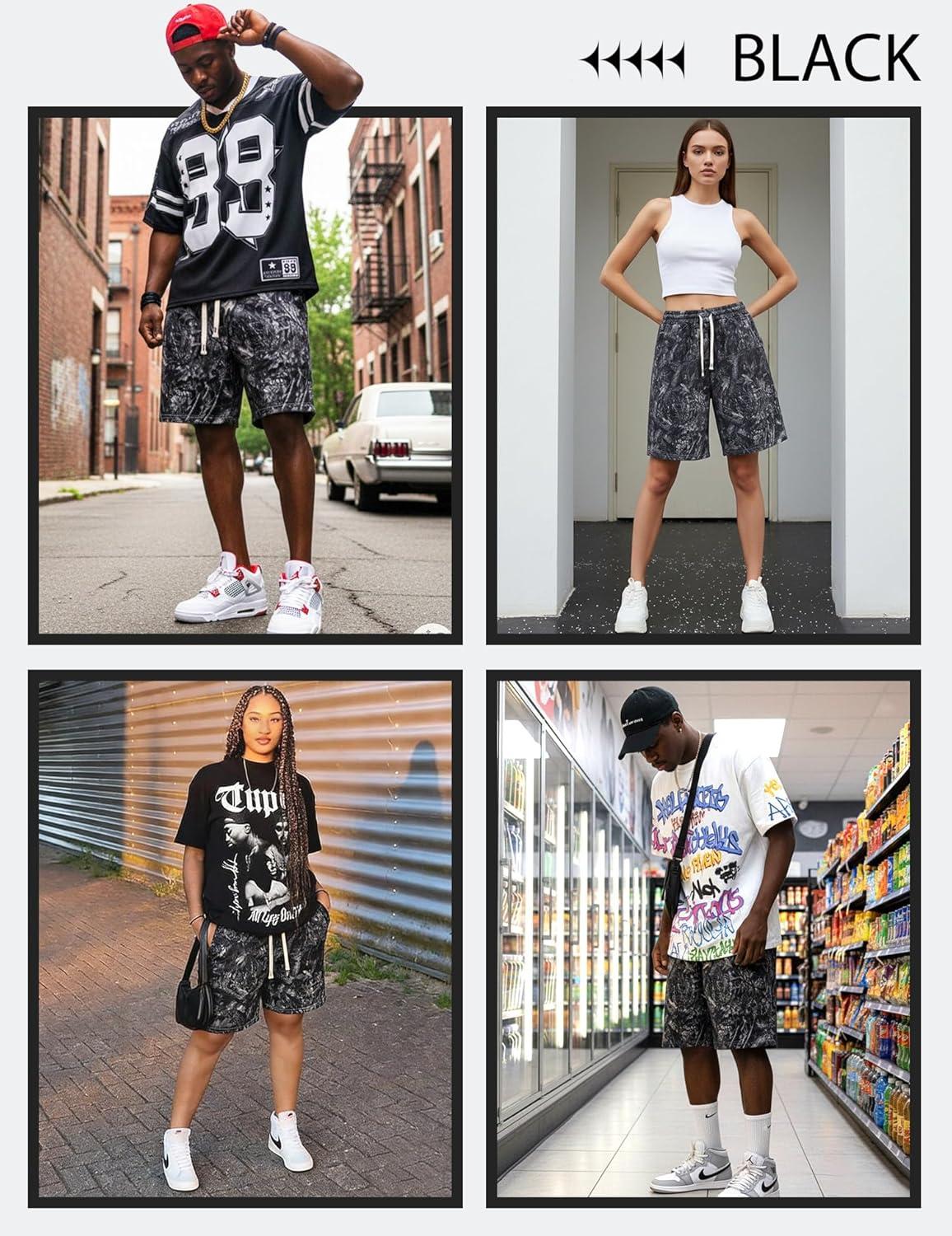 image:imageUOUA Mens Mesh Camo Graphic Shorts Vintage Designer Workout Shorts Casual Cool Streetwear Waist PantsBlackleaves
