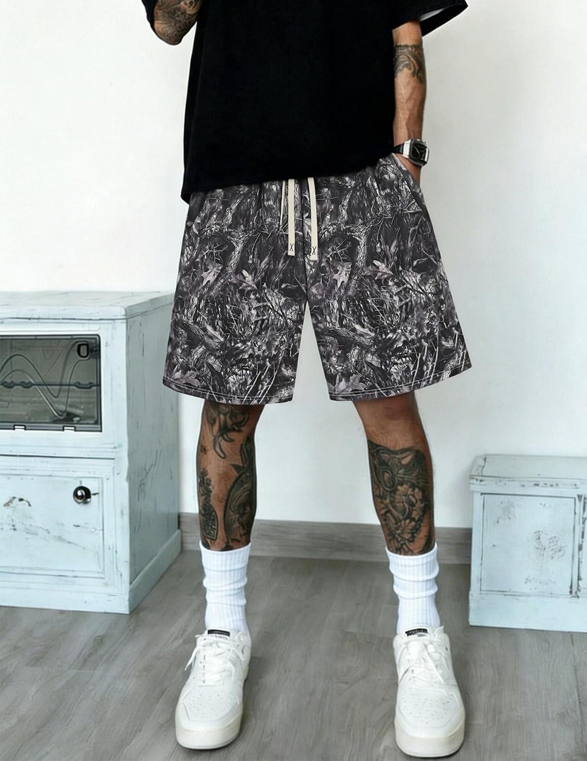 image:imageUOUA Mens Mesh Camo Graphic Shorts Vintage Designer Workout Shorts Casual Cool Streetwear Waist PantsBlackleaves
