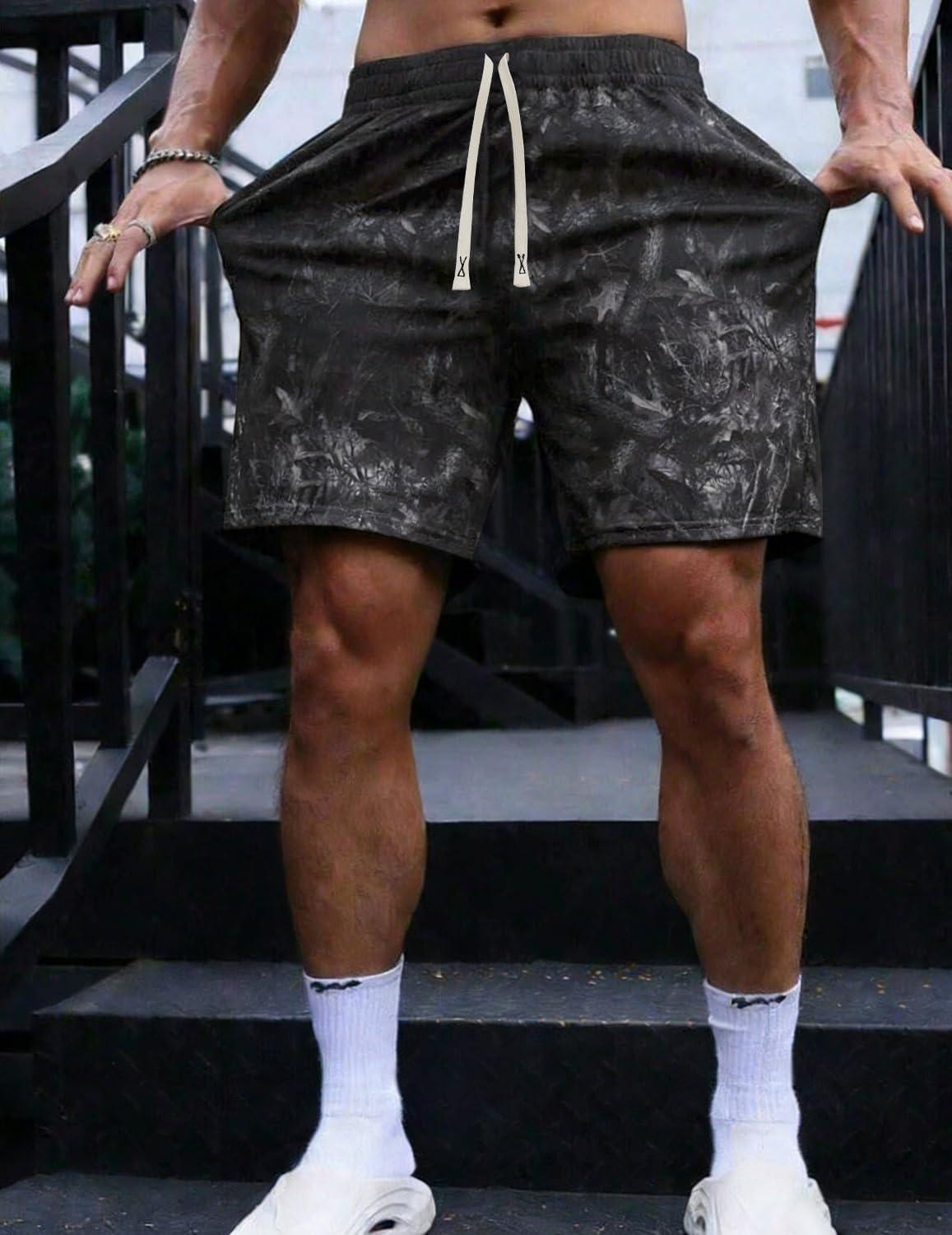 image:imageUOUA Mens Mesh Camo Graphic Shorts Vintage Designer Workout Shorts Casual Cool Streetwear Waist PantsBlackleaves