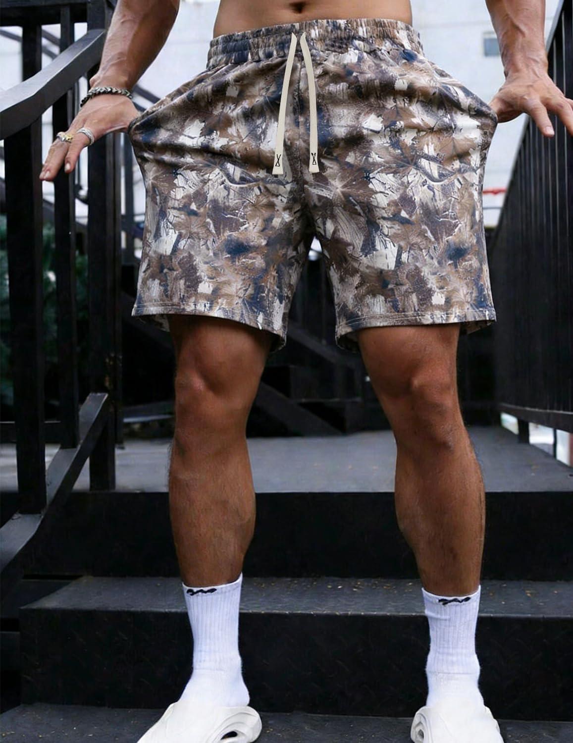image:imageUOUA Mens Mesh Camo Graphic Shorts Vintage Designer Workout Shorts Casual Cool Streetwear Waist PantsBrownleaves