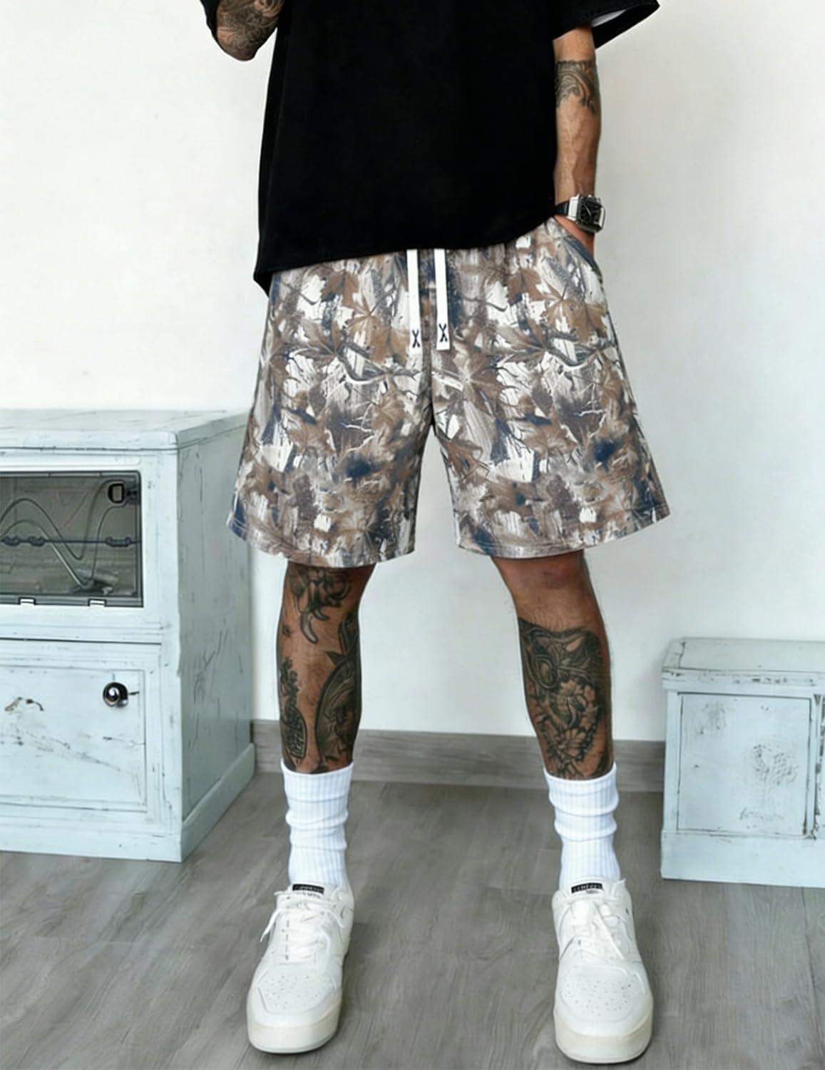 image:imageUOUA Mens Mesh Camo Graphic Shorts Vintage Designer Workout Shorts Casual Cool Streetwear Waist PantsBrownleaves