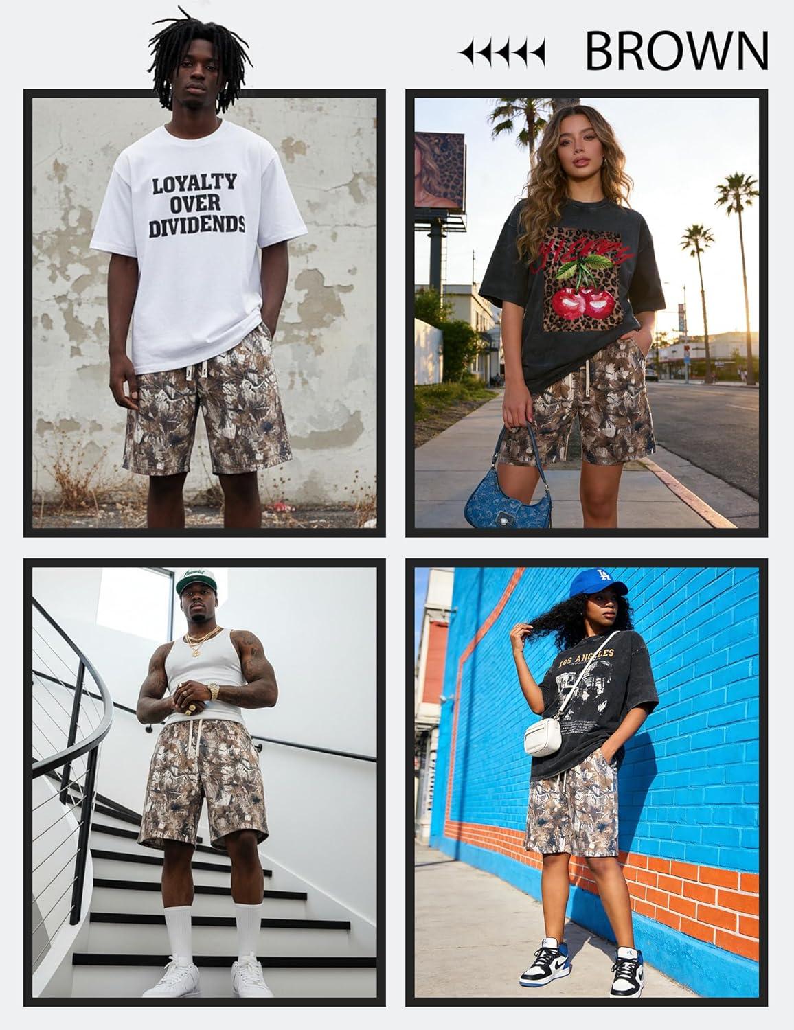 image:imageUOUA Mens Mesh Camo Graphic Shorts Vintage Designer Workout Shorts Casual Cool Streetwear Waist PantsBrownleaves