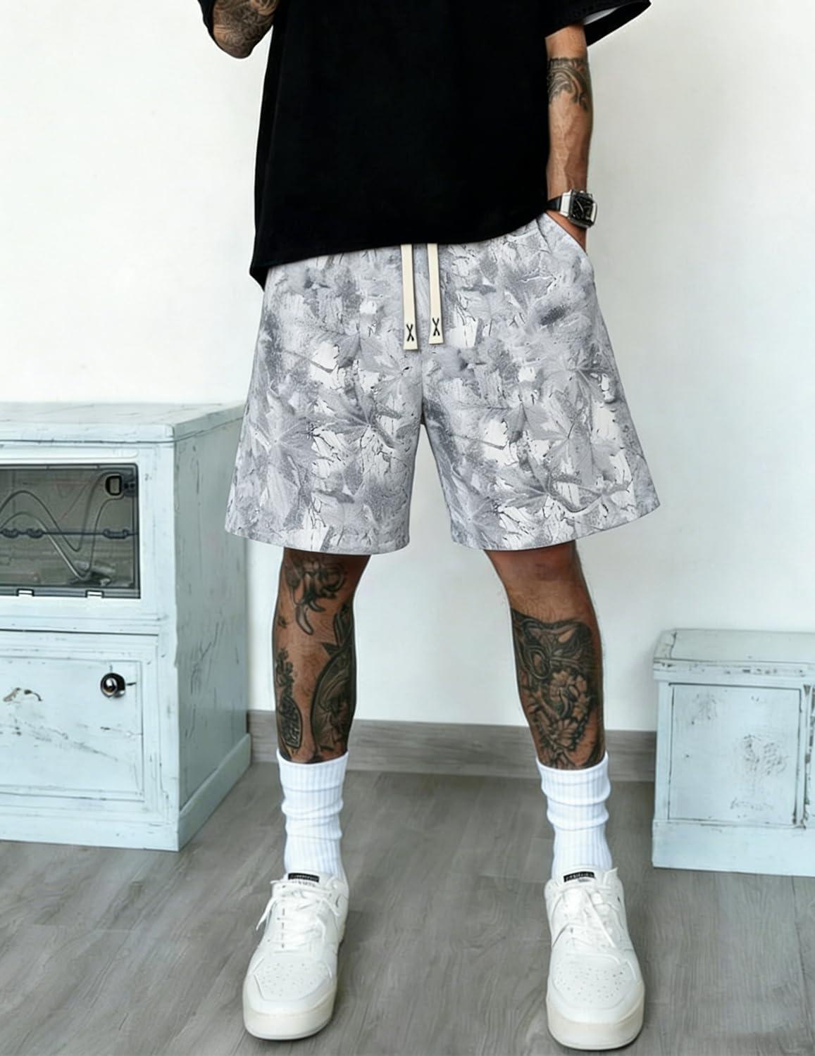 image:imageUOUA Mens Mesh Camo Graphic Shorts Vintage Designer Workout Shorts Casual Cool Streetwear Waist PantsGreyleaves