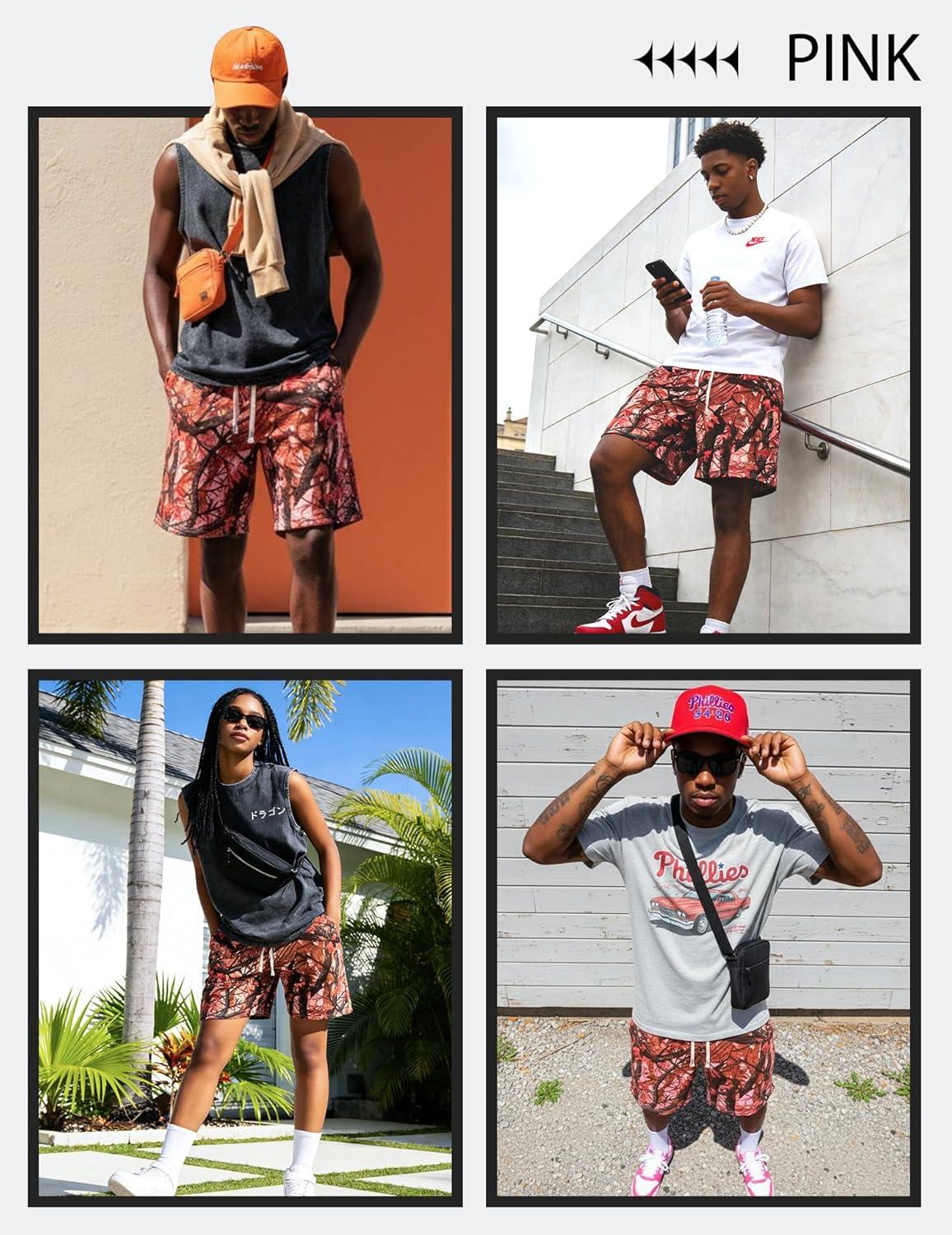image:imageUOUA Mens Mesh Camo Graphic Shorts Vintage Designer Workout Shorts Casual Cool Streetwear Waist PantsPinkleaves
