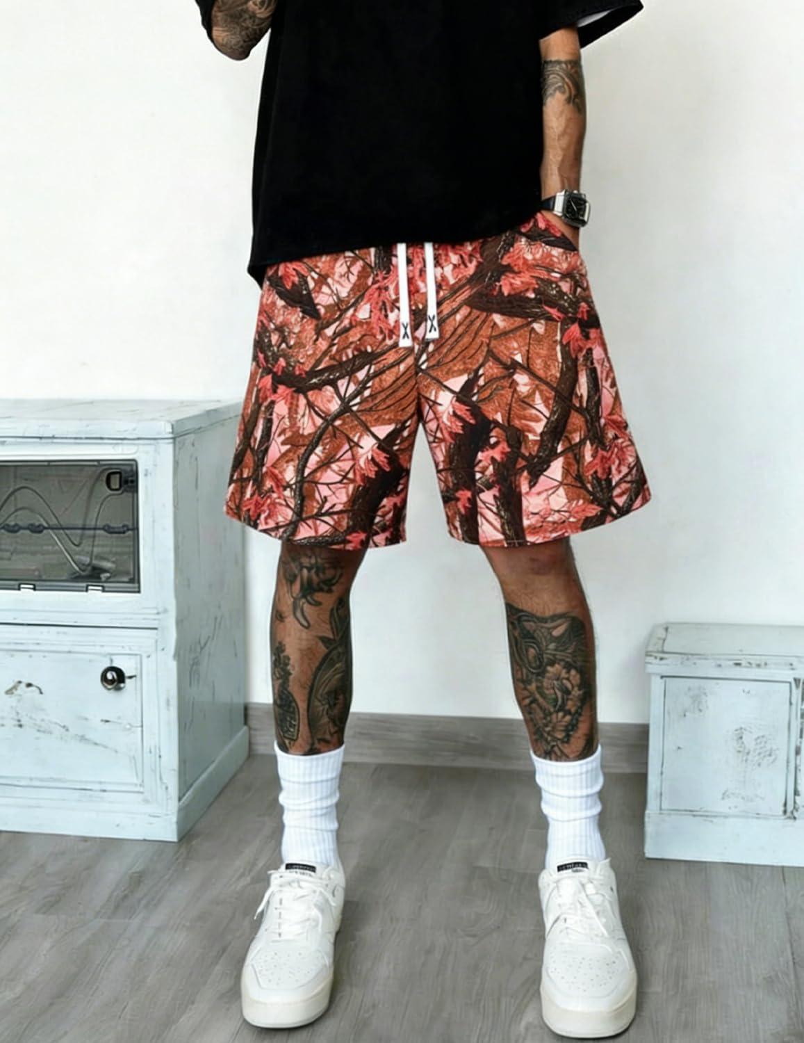 image:imageUOUA Mens Mesh Camo Graphic Shorts Vintage Designer Workout Shorts Casual Cool Streetwear Waist PantsPinkleaves