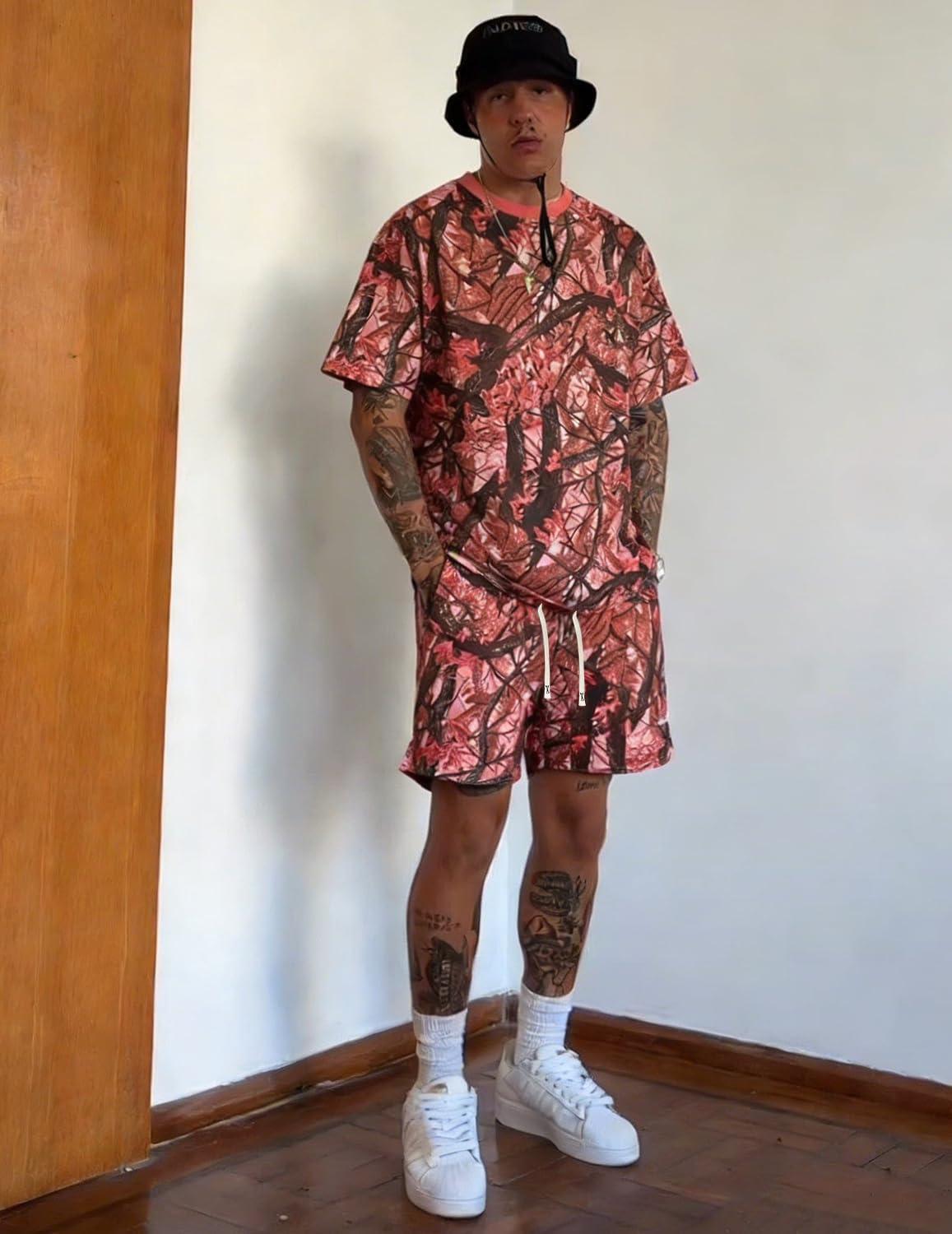 image:imageUOUA Mens Mesh Camo Graphic Shorts Vintage Designer Workout Shorts Casual Cool Streetwear Waist PantsPinkleaves
