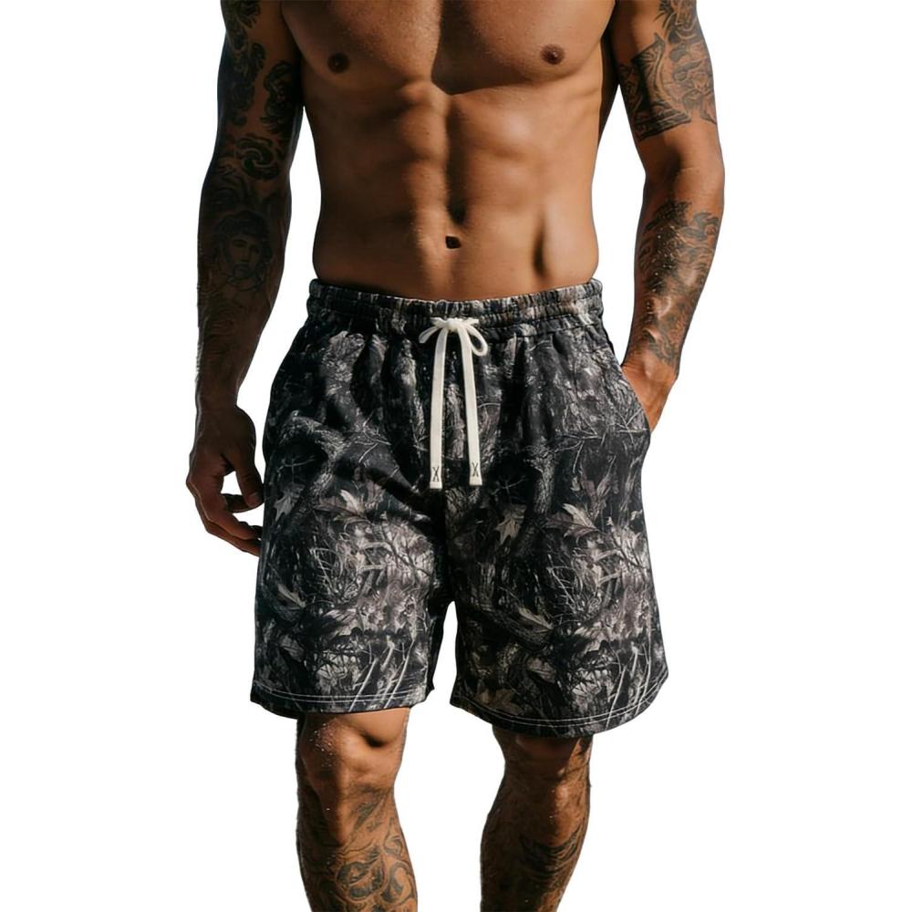 image:imageUOUA Mens Mesh Camo Graphic Shorts Vintage Designer Workout Shorts Casual Cool Streetwear Waist PantsBlackleaves