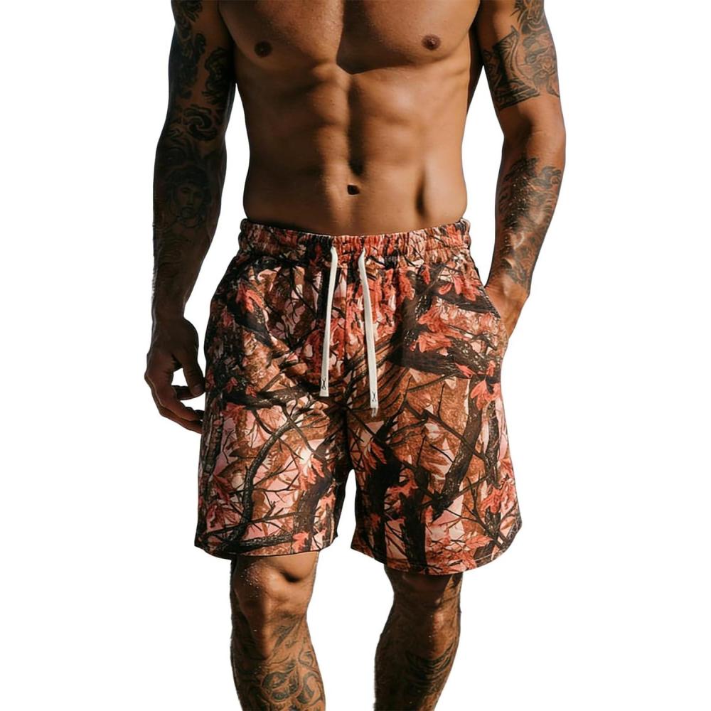 image:imageUOUA Mens Mesh Camo Graphic Shorts Vintage Designer Workout Shorts Casual Cool Streetwear Waist PantsPinkleaves