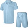 image:imageUOUA 2 Piece Short Sets for Men Summer Beach Outfits Stripe Texture Button Down Shirts amp Shorts Casual Vacation SetLightblue