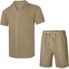image:imageUOUA 2 Piece Short Sets for Men Summer Beach Outfits Stripe Texture Button Down Shirts amp Shorts Casual Vacation SetLightkhaki