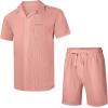 image:imageUOUA 2 Piece Short Sets for Men Summer Beach Outfits Stripe Texture Button Down Shirts amp Shorts Casual Vacation SetLightpink