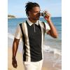 image:imageUOUA Mens 14 Zip Polo Shirts Summer Short Sleeve Sweatshirts Vintage Striped Texture Tops Casual Golf TeeBlack Stripe Beige