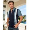 image:imageUOUA Mens 14 Zip Polo Shirts Summer Short Sleeve Sweatshirts Vintage Striped Texture Tops Casual Golf TeeNavy Stripe Denim Blue