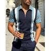 image:imageUOUA Mens 14 Zip Polo Shirts Summer Short Sleeve Sweatshirts Vintage Striped Texture Tops Casual Golf TeeNavy Stripe Denim Blue