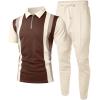 image:imageUOUA Mens Sweat Suits Set Tracksuit 2 Piece Outfits Short Sleeve Casual Sweatshirt amp Loose Jogging PantsKhakistripe Beige