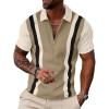 image:imageUOUA Mens 14 Zip Polo Shirts Summer Short Sleeve Sweatshirts Vintage Striped Texture Tops Casual Golf TeeKhaki Stripe Beige