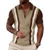 image:imageUOUA Mens 14 Zip Polo Shirts Summer Short Sleeve Sweatshirts Vintage Striped Texture Tops Casual Golf TeeKhaki Stripe Brown
