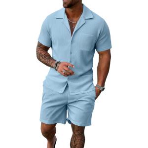 image:imageUOUA 2 Piece Short Sets for Men Summer Beach Outfits Stripe Texture Button Down Shirts amp Shorts Casual Vacation SetLightblue