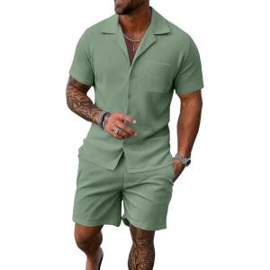 image:imageUOUA 2 Piece Short Sets for Men Summer Beach Outfits Stripe Texture Button Down Shirts amp Shorts Casual Vacation SetLightgreen