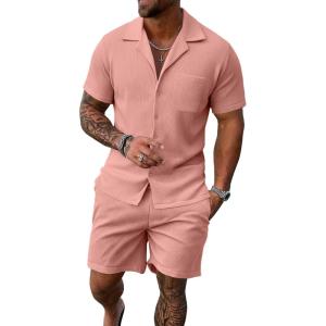 image:imageUOUA 2 Piece Short Sets for Men Summer Beach Outfits Stripe Texture Button Down Shirts amp Shorts Casual Vacation SetLightpink