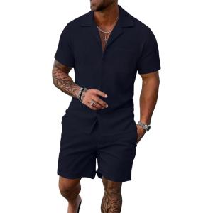 image:imageUOUA 2 Piece Short Sets for Men Summer Beach Outfits Stripe Texture Button Down Shirts amp Shorts Casual Vacation SetNavyblue