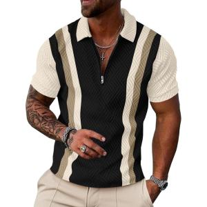 image:imageUOUA Mens 14 Zip Polo Shirts Summer Short Sleeve Sweatshirts Vintage Striped Texture Tops Casual Golf TeeBlack Stripe Beige