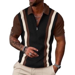 image:imageUOUA Mens 14 Zip Polo Shirts Summer Short Sleeve Sweatshirts Vintage Striped Texture Tops Casual Golf TeeBlack Stripe Brown