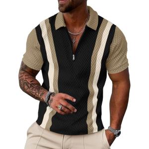 image:imageUOUA Mens 14 Zip Polo Shirts Summer Short Sleeve Sweatshirts Vintage Striped Texture Tops Casual Golf TeeBlack Stripe Khaki
