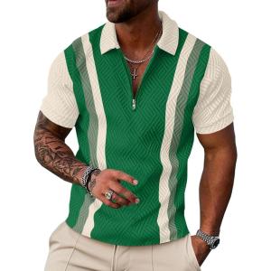 image:imageUOUA Mens 14 Zip Polo Shirts Summer Short Sleeve Sweatshirts Vintage Striped Texture Tops Casual Golf TeeGreen Stripe Beige