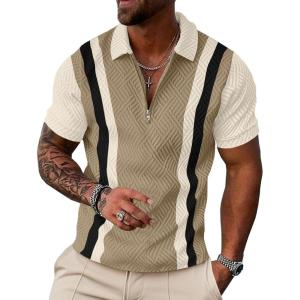 image:imageUOUA Mens 14 Zip Polo Shirts Summer Short Sleeve Sweatshirts Vintage Striped Texture Tops Casual Golf TeeKhaki Stripe Beige