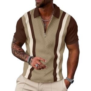 image:imageUOUA Mens 14 Zip Polo Shirts Summer Short Sleeve Sweatshirts Vintage Striped Texture Tops Casual Golf TeeKhaki Stripe Brown