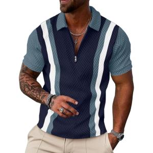 image:imageUOUA Mens 14 Zip Polo Shirts Summer Short Sleeve Sweatshirts Vintage Striped Texture Tops Casual Golf TeeNavy Stripe Denim Blue