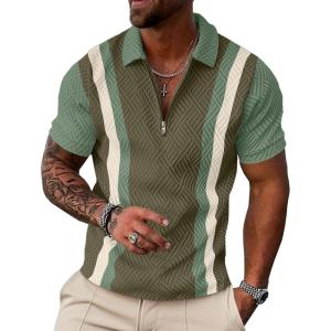 image:imageUOUA Mens 14 Zip Polo Shirts Summer Short Sleeve Sweatshirts Vintage Striped Texture Tops Casual Golf TeeOlive Stripe Ltgreen