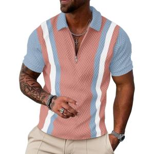 image:imageUOUA Mens 14 Zip Polo Shirts Summer Short Sleeve Sweatshirts Vintage Striped Texture Tops Casual Golf TeePink Stripe Ltblue