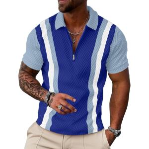 image:imageUOUA Mens 14 Zip Polo Shirts Summer Short Sleeve Sweatshirts Vintage Striped Texture Tops Casual Golf TeeRoyal Stripe Light Blue