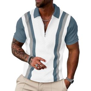 image:imageUOUA Mens 14 Zip Polo Shirts Summer Short Sleeve Sweatshirts Vintage Striped Texture Tops Casual Golf TeeWhite Stripe Denim Blue