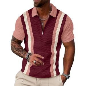 image:imageUOUA Mens 14 Zip Polo Shirts Summer Short Sleeve Sweatshirts Vintage Striped Texture Tops Casual Golf TeeWine Stripe Pink