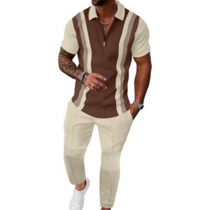 image:imageUOUA Mens Sweat Suits Set Tracksuit 2 Piece Outfits Short Sleeve Casual Sweatshirt amp Loose Jogging PantsKhakistripe Beige