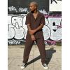 image:imageUOUA Mens Summer 2 Piece Set Casual Outfits Button Short Sleeve Shirt amp Loose Pants Textured Striped Tracksuit Walking SuitsBrown