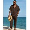 image:imageUOUA Mens Summer 2 Piece Set Casual Outfits Button Short Sleeve Shirt amp Loose Pants Textured Striped Tracksuit Walking SuitsBrown